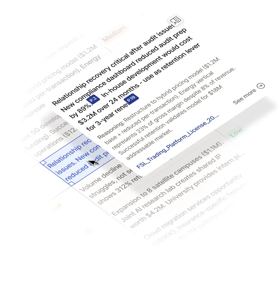 Cell-level audit view with source citations and reasoning