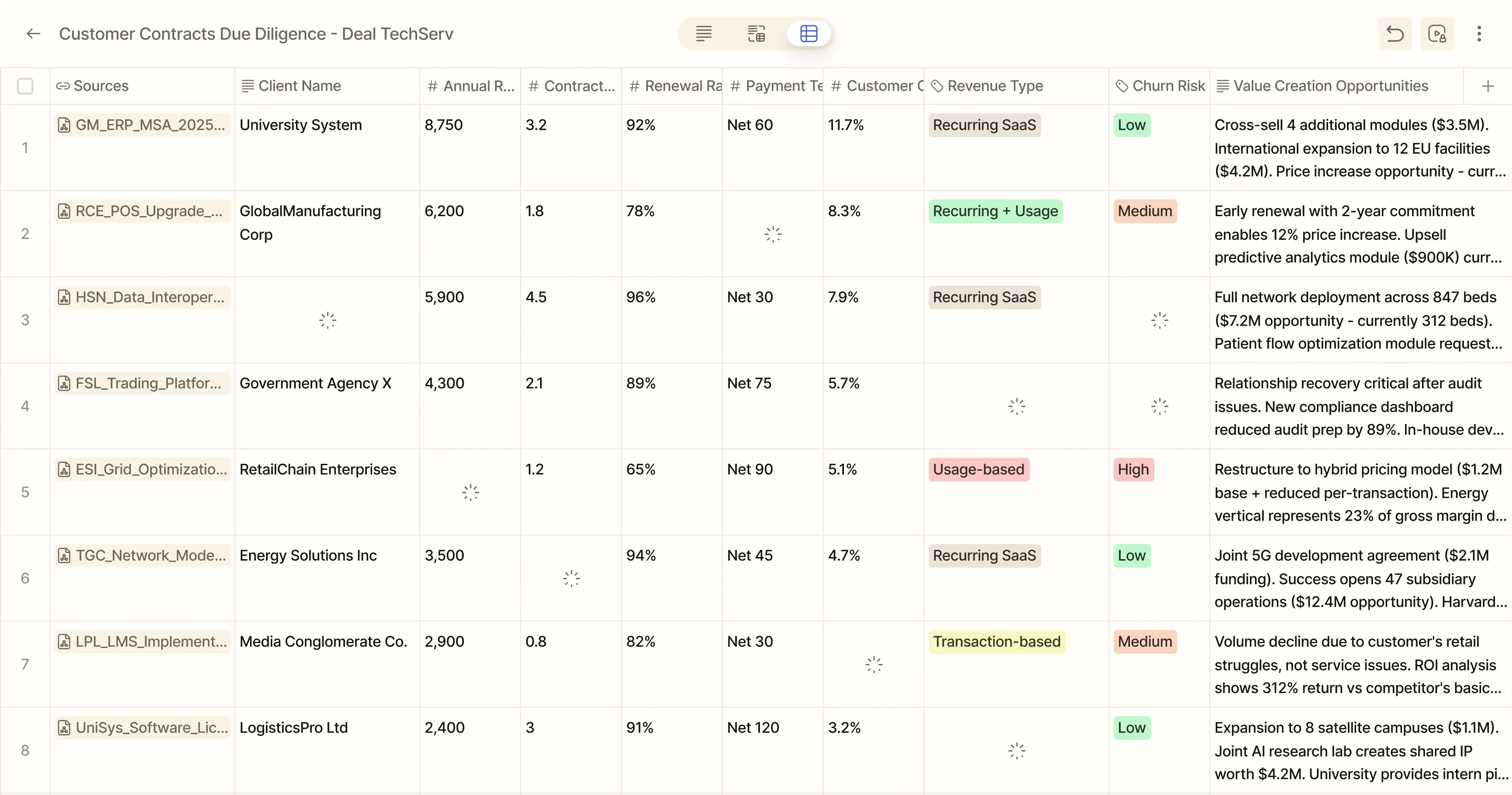 Opale Grid showing rows of documents, columns of prompts, and auditable cells